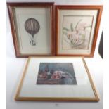 A balloon print, a vintage botanical Kew print and a Cezanne print, 30 x 29cm