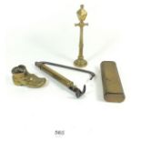 A brass trench art cigarette case with striker and various brass items