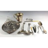 A silver plated toast rack, salver and half pint Gilbert mug and a Georgian silver dessert spoon and