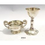 A silver miniature goblet or chalice, London 1917 and a silver two handled salt, Birmingham 1912,