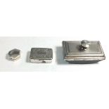 A modern silver pill box, a Chinese white metal pill box and a silver plated blotter