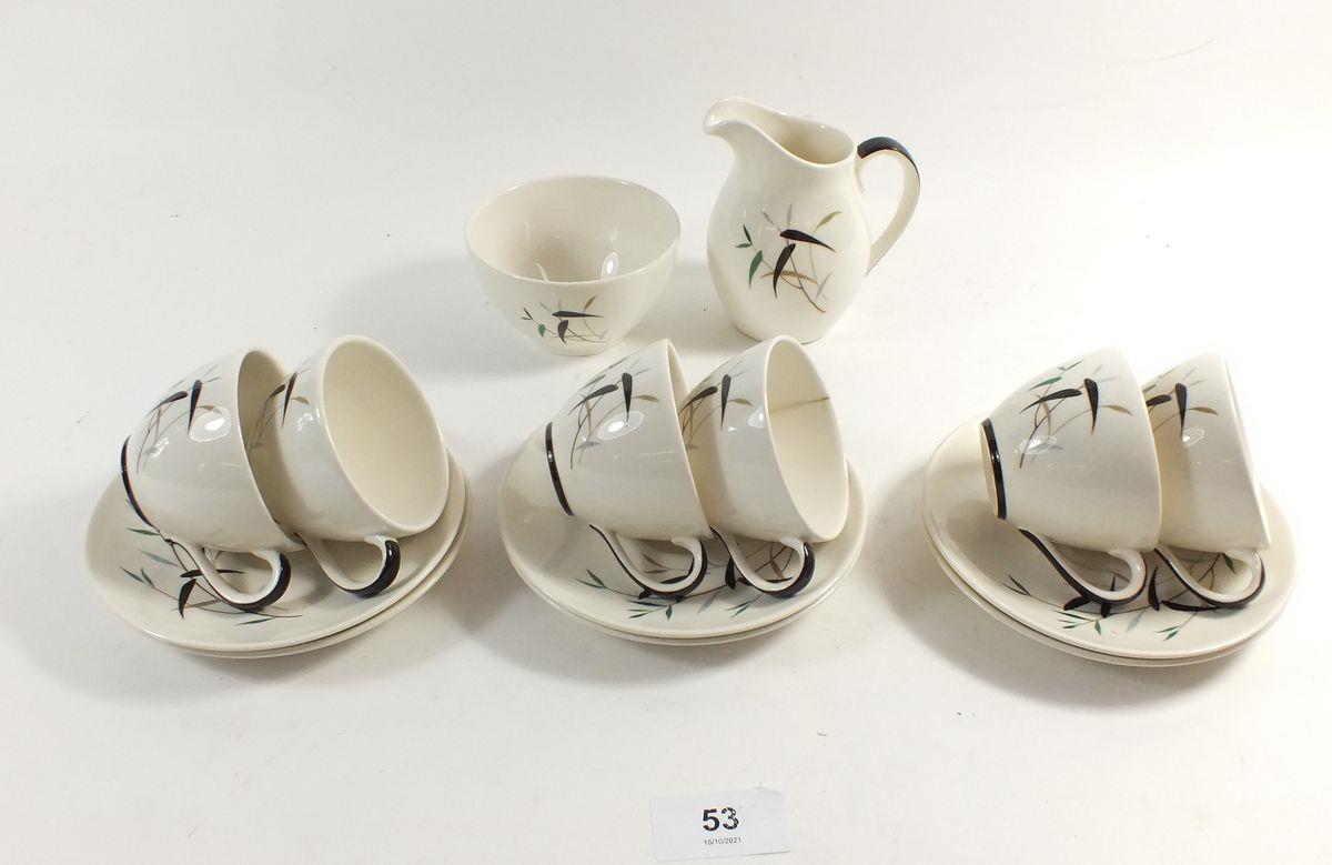 A Royal Doulton vintage Bamboo coffee set comprising: six cups and saucers, jug and sugar bowl