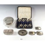 A group of silver items to include set of six various teaspoons plus one other, powder bowl, three