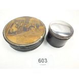 A 19th century lacquer snuff box with engraved print to lid 'Mr Bon Temps' and a circular dressing
