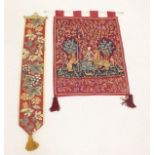 A tapestry wall hanging with lion and unicorn 74 x 56cm and a floral tapestry pendant panel