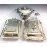 Two silver plated entree dishes, a tureen and a preserve pot