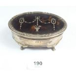 A George V silver and tortoiseshell pique oval trinket box, Birmingham 1913, makers mark Synyer