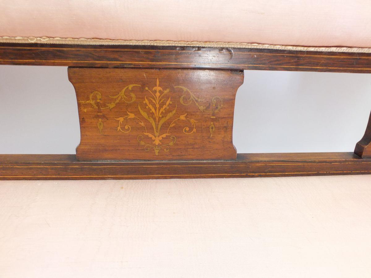 An Edwardian salon suite with marquetry decoration comprising: settee, two side chairs and armchair - Image 3 of 5