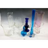 A collection of glass vases, a candlestick and a scent bottle