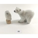A Copenhagen owl, 8cm tall and a Lladro polar bear, 10cm tall