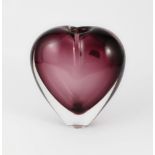 A 1960s Murano Sommerso heart form glass bud vase in an amethyst colour, 9.5cm tall