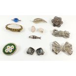An assortment of jewellery to include: a pair of silver rose quartz clip earrings, a white metal