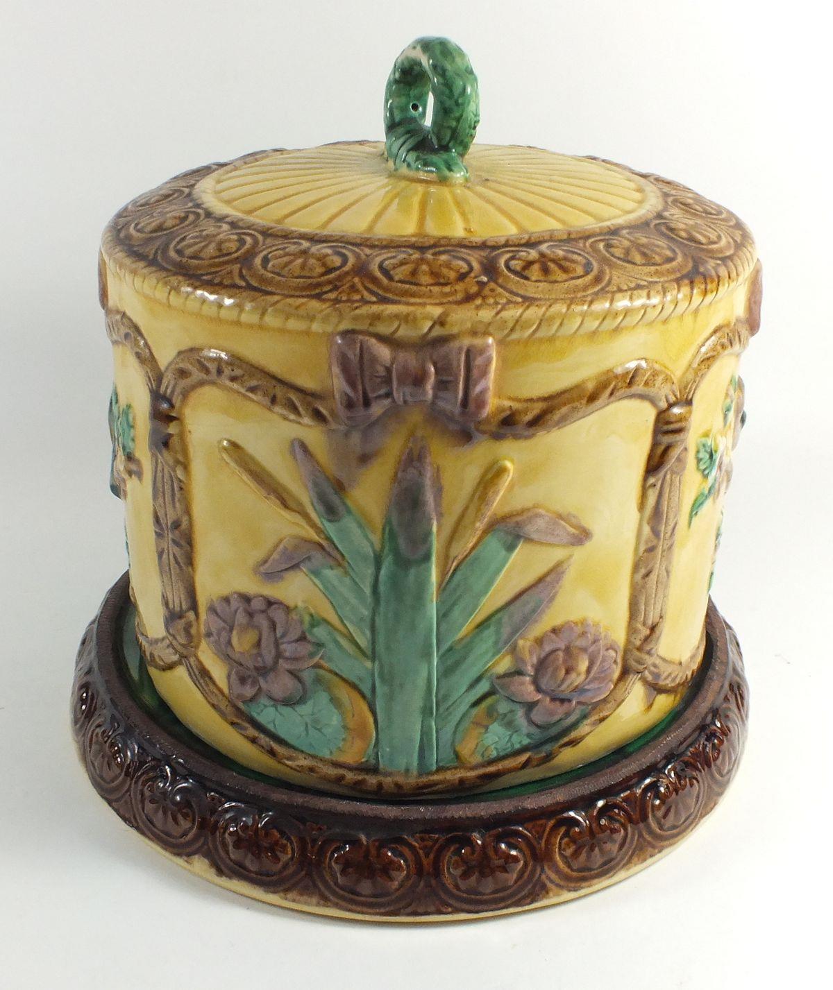 Two Victorian Majolica cheese domes, one marked Adderley with fern design and the other with flowers - Image 3 of 3