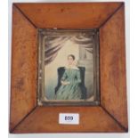 A watercolour miniature portrait of a woman, in a maple frame, 13 x 11cm