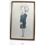 A Tim Holder caricature print of Margaret Thatcher signed by the artist and Mrs Thatcher, 35 x 21cm