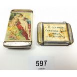 Two antique celluloid wrapped advertising vestas