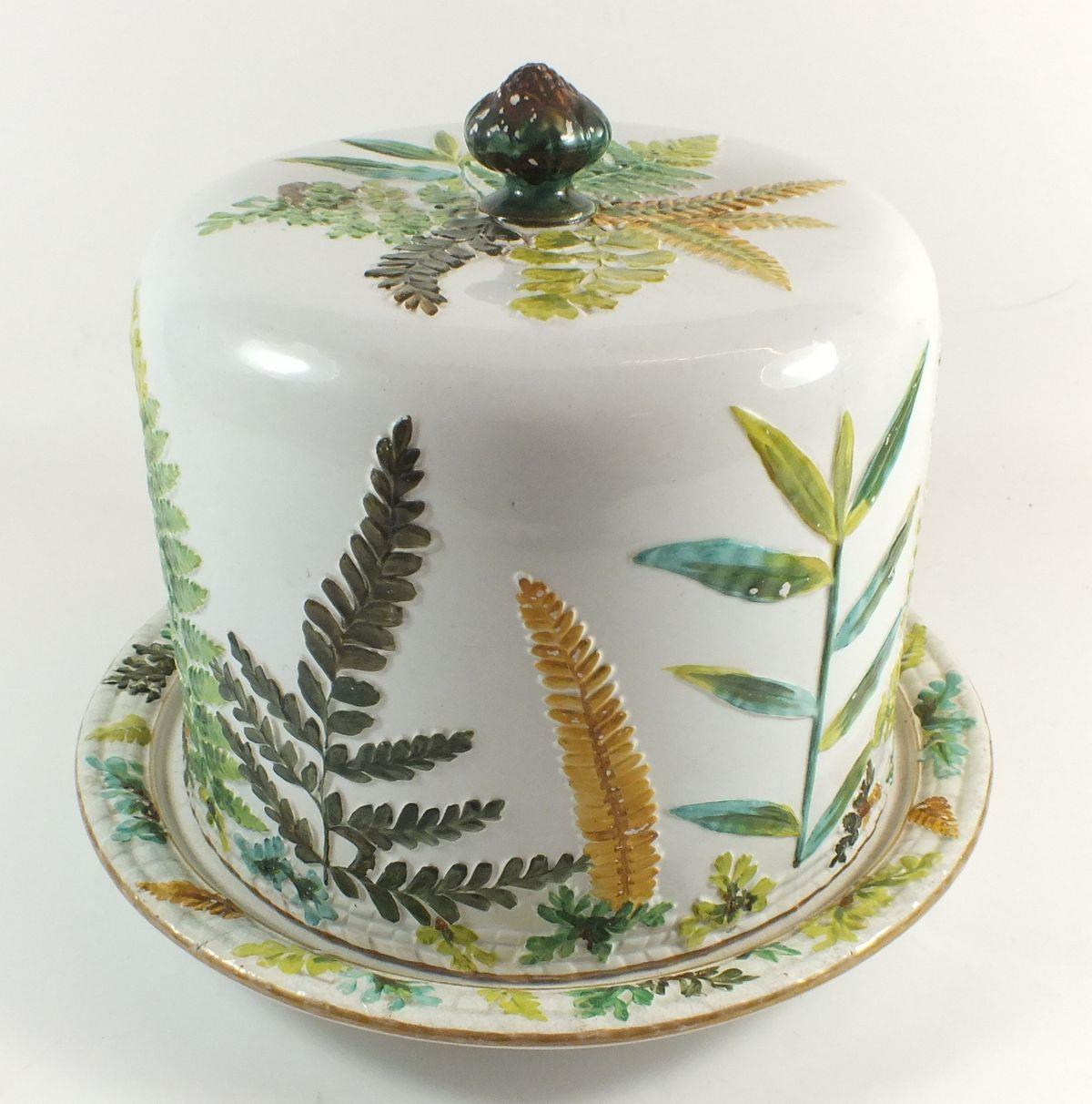 Two Victorian Majolica cheese domes, one marked Adderley with fern design and the other with flowers - Image 2 of 3