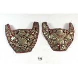 A pair of antique Turkish or Arabic white metal slipper fronts with floral, foliage and bird