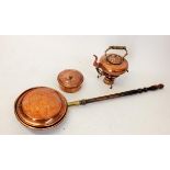 A Victorian copper kettle, a copper saucepan and a copper warming pan