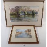 Joy Brand - watercolour river scene with swans, 24 x 44cm and Sue Palmer - watercolour Chichester