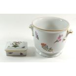 A Herend box painted birds and butterflies and a Herend jardiniere with small chip to base, 14cm