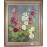 M Dawson - oil on canvas hollyhocks, 60 x 49cm