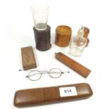 A group of various collectables including treen cased thermometers and medicine measures, cased