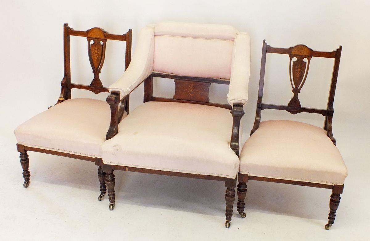 An Edwardian salon suite with marquetry decoration comprising: settee, two side chairs and armchair - Image 4 of 5