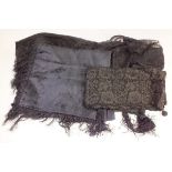 Two black lace wraps and a black silk shawl with fringe
