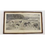 A black and white print of bull dogs on a beach by R. Ward Binks 1914, signed in pencil (Being a WWI