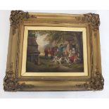 In the manner of George Morland - oil on canvas country scene with figures around a cottage doorway,