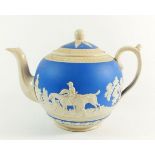 A Copeland Spode teapot in Jasperware style decorated hunting scene