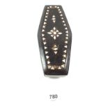 A coffin shaped trinket box with mother of pearl inlay to the lid, 16x 17cm
