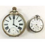 A continental white metal pocket watch and a large size silver plated pocket watch, a/f