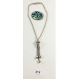 A silver 'tassel' necklace and a vintage Mexican silver brooch, 66.5g