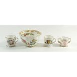Three miniature floral painted tankards and a Crescent China tea bowl