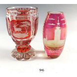 A Bohemian red flashed goblet engraved woodland scenes, 12.5cm and a Swedish vase engraved scene