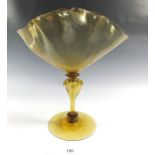 A Venetian ochre yellow glass wavy edged vase, 30cm