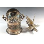A silver plated bottle holder and a silver plated cockerel