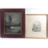 A steel engraving of Chelsea church 1860 and an oil of a lakeside scene, signed W Manney, 27.5 x
