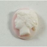 A 19th century pink hardstone small cameo of a woman, 1.5cm tall