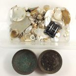 A box of mother of pearl oval plaques, two counters, turquoise, garnet etc