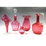 Five items of Victorian cranberry glass to include Jack in the Pulpit vase