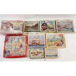 Nine various jigsaws including Chad Valley, Victory etc. with trains, ships and military