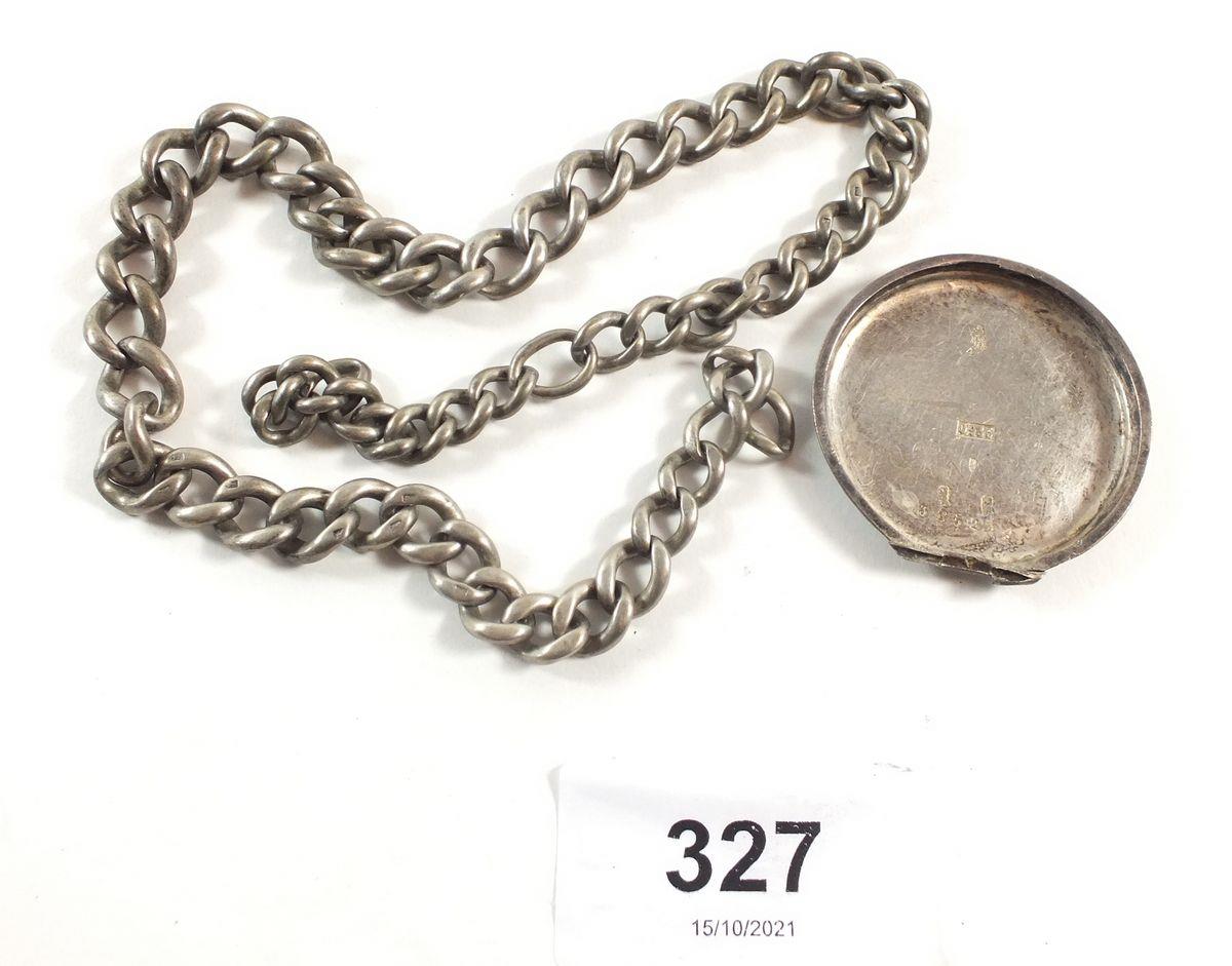 A part silver chain and a continental silver pocket watch case, combined weight 50g