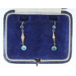 A pair of Edwardian 9 carat gold blue zircon pendant earrings, 2.2cm, boxed
