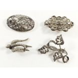Three silver marcasite brooches and one other