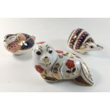 A group of three Royal Crown Derby Imari paperweights in the form of a hedgehog, quail and harbour
