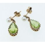 A pair of gold peridot and pearl drop earrings, 1.7cm drop, 2.8g