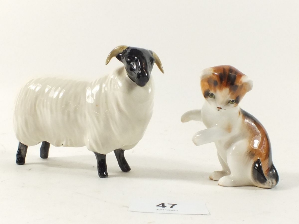 A Beswick sheep and a Doulton Cat